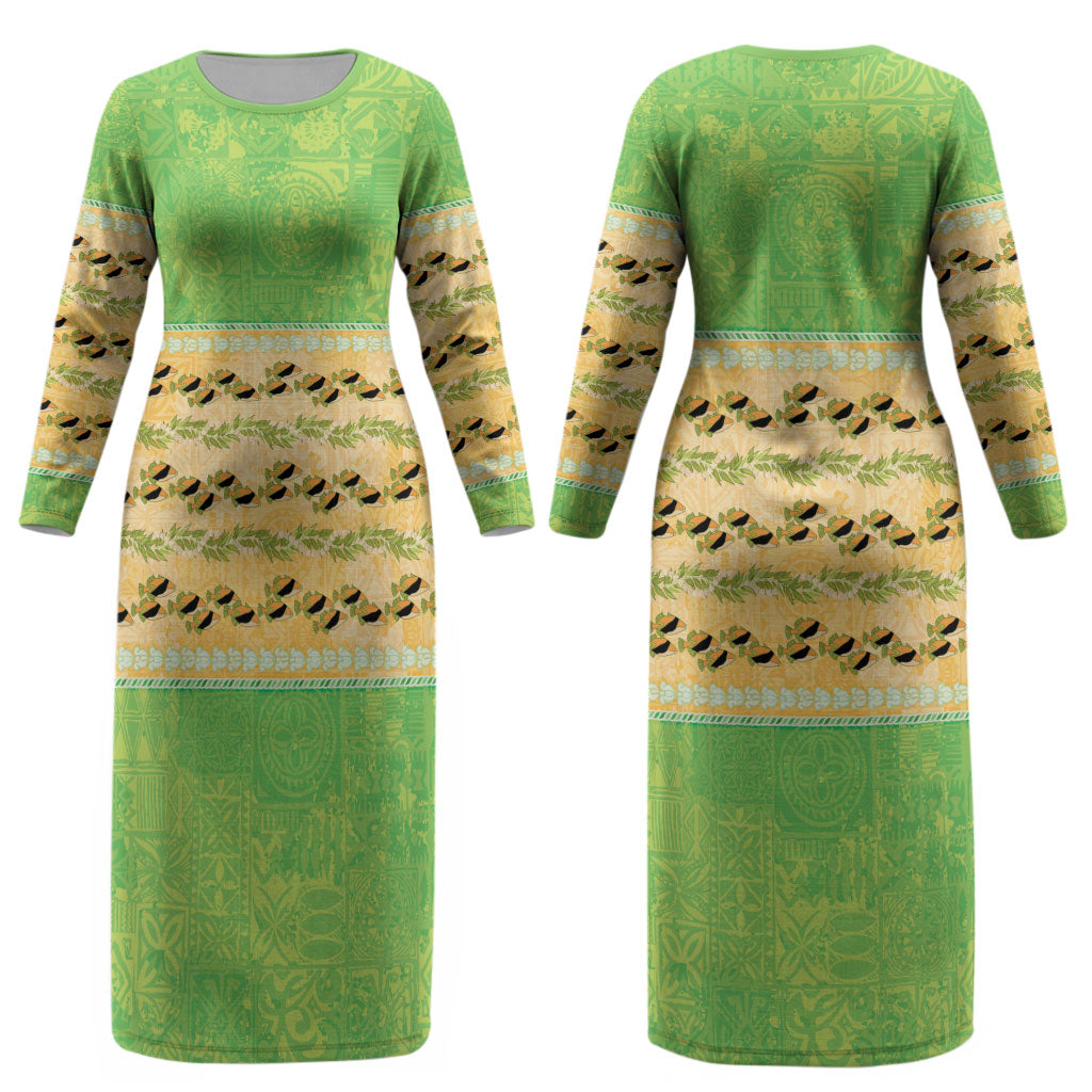 Hawaii Humuhumu Fish Maile Pikake Lei Couples Matching Long Sleeve Bodycon Dress and Hawaiian Shirt Tribal Tapa Green Version LT05 - Polynesian Pride