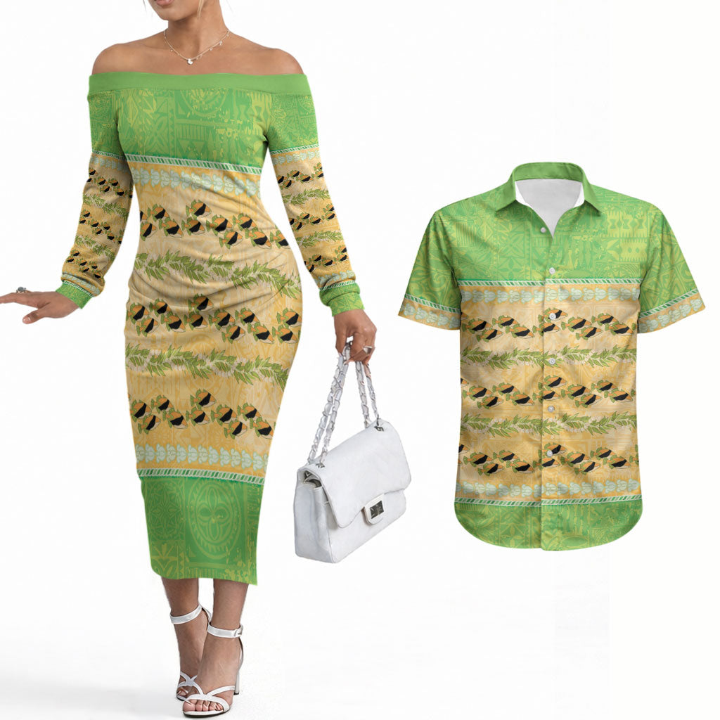Hawaii Humuhumu Fish Maile Pikake Lei Couples Matching Off The Shoulder Long Sleeve Dress and Hawaiian Shirt Tribal Tapa Green Version LT05 Green - Polynesian Pride
