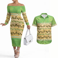 Hawaii Humuhumu Fish Maile Pikake Lei Couples Matching Off The Shoulder Long Sleeve Dress and Hawaiian Shirt Tribal Tapa Green Version LT05 Green - Polynesian Pride