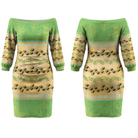 Hawaii Humuhumu Fish Maile Pikake Lei Couples Matching Off The Shoulder Long Sleeve Dress and Hawaiian Shirt Tribal Tapa Green Version LT05 - Polynesian Pride