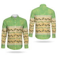 Hawaii Humuhumu Fish Maile Pikake Lei Couples Matching Off The Shoulder Long Sleeve Dress and Long Sleeve Button Shirt Tribal Tapa Green Version