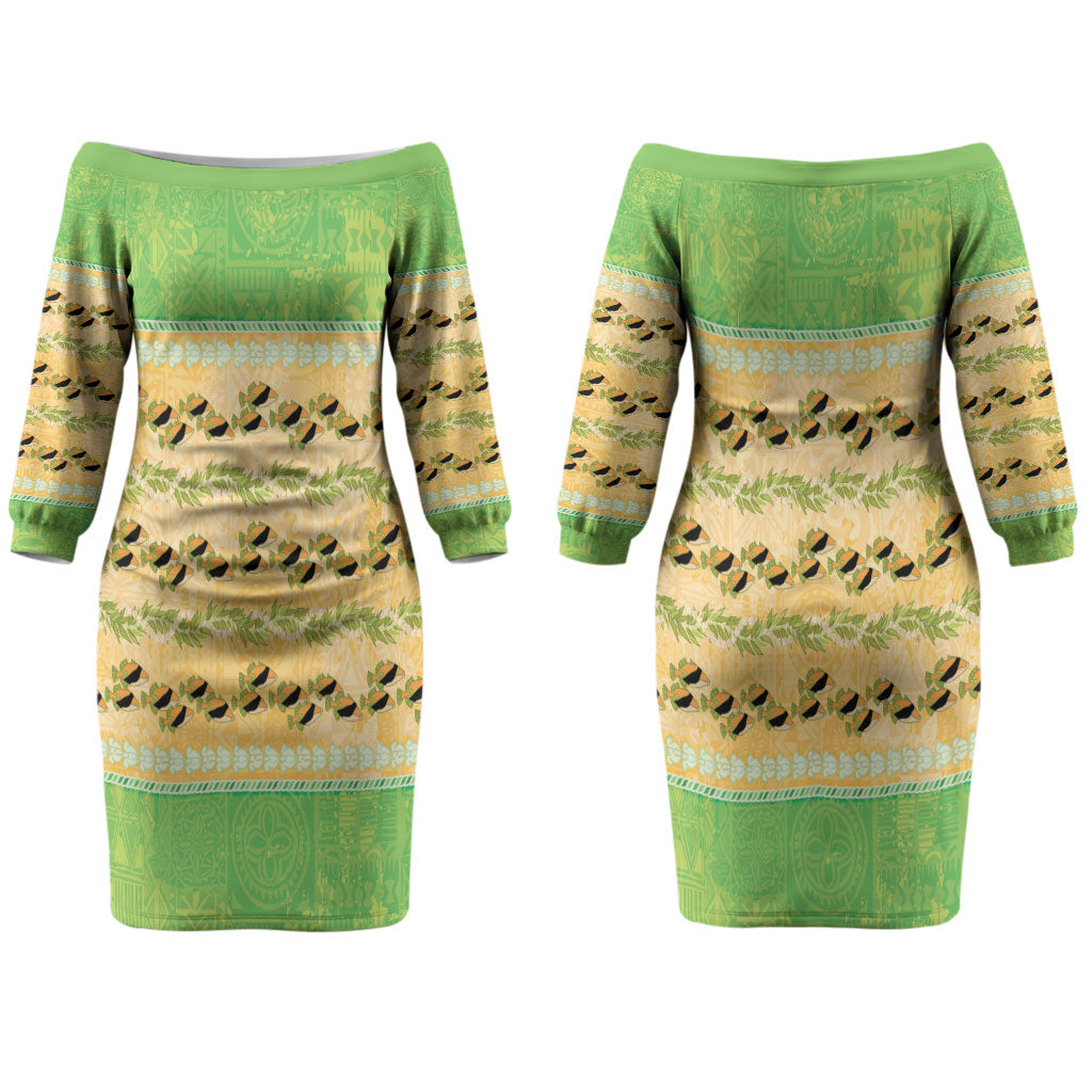 Hawaii Humuhumu Fish Maile Pikake Lei Couples Matching Off The Shoulder Long Sleeve Dress and Long Sleeve Button Shirt Tribal Tapa Green Version