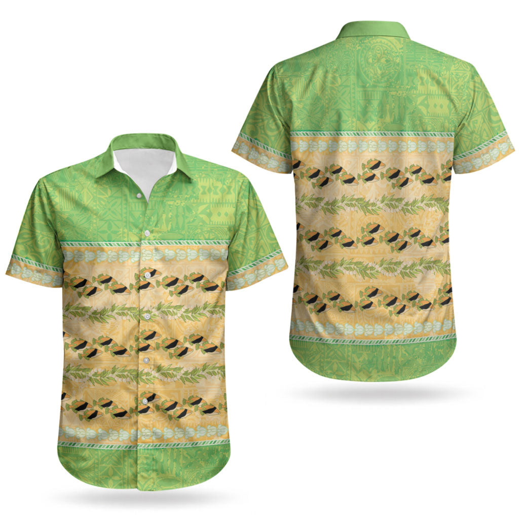 Hawaii Humuhumu Fish Maile Pikake Lei Couples Matching Puletasi and Hawaiian Shirt Tribal Tapa Green Version