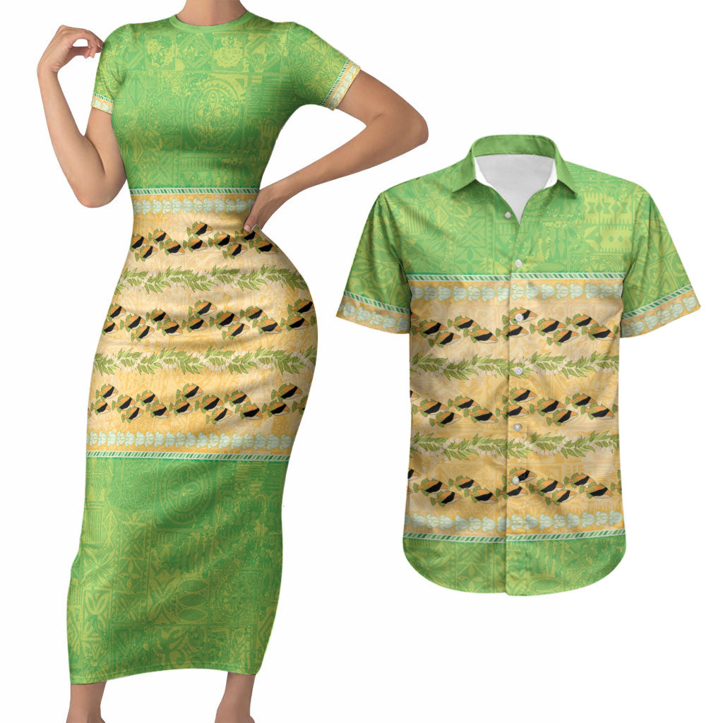 Hawaii Humuhumu Fish Maile Pikake Lei Couples Matching Short Sleeve Bodycon Dress and Hawaiian Shirt Tribal Tapa Green Version LT05 Green - Polynesian Pride