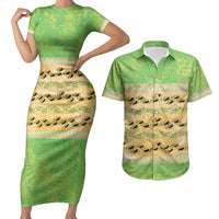 Hawaii Humuhumu Fish Maile Pikake Lei Couples Matching Short Sleeve Bodycon Dress and Hawaiian Shirt Tribal Tapa Green Version LT05 Green - Polynesian Pride