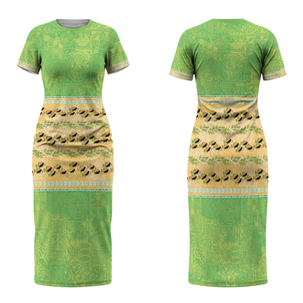 Hawaii Humuhumu Fish Maile Pikake Lei Couples Matching Short Sleeve Bodycon Dress and Hawaiian Shirt Tribal Tapa Green Version LT05 - Polynesian Pride