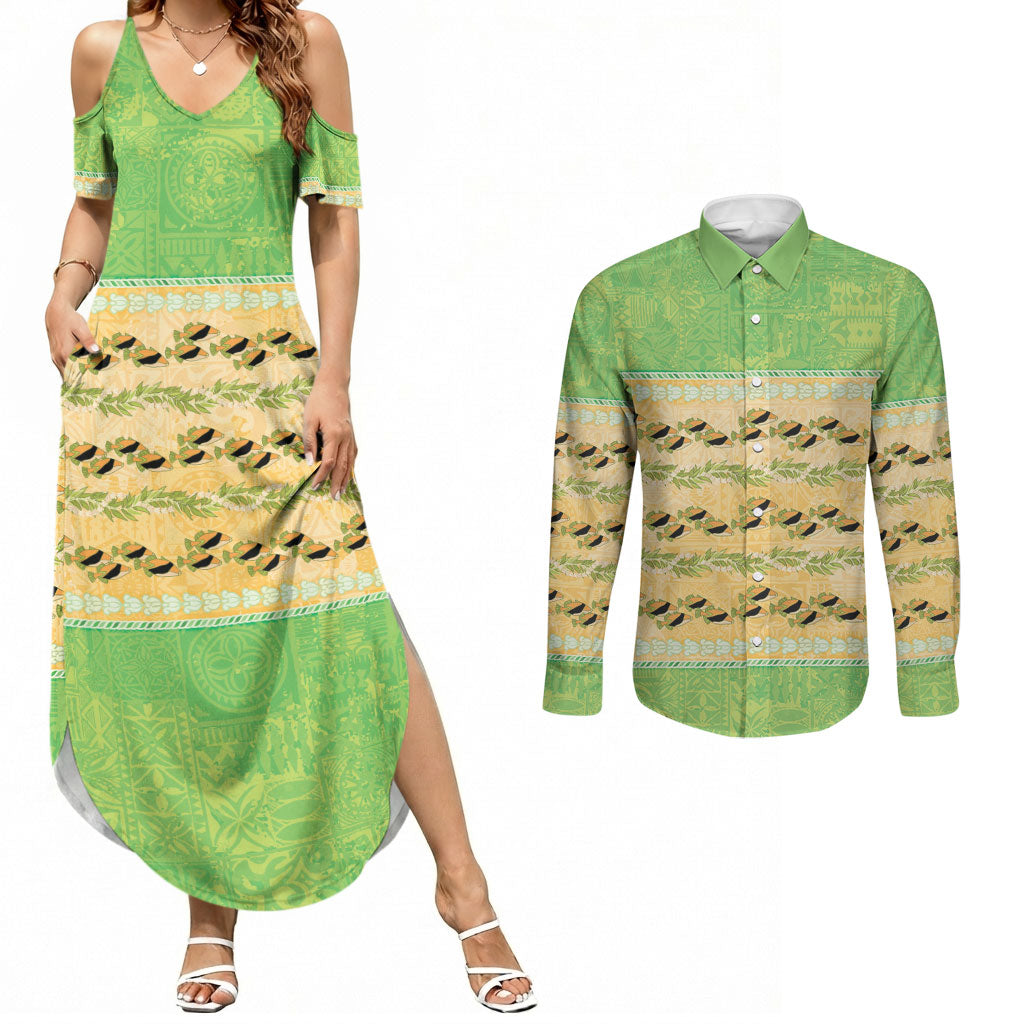 Hawaii Humuhumu Fish Maile Pikake Lei Couples Matching Summer Maxi Dress and Long Sleeve Button Shirt Tribal Tapa Green Version