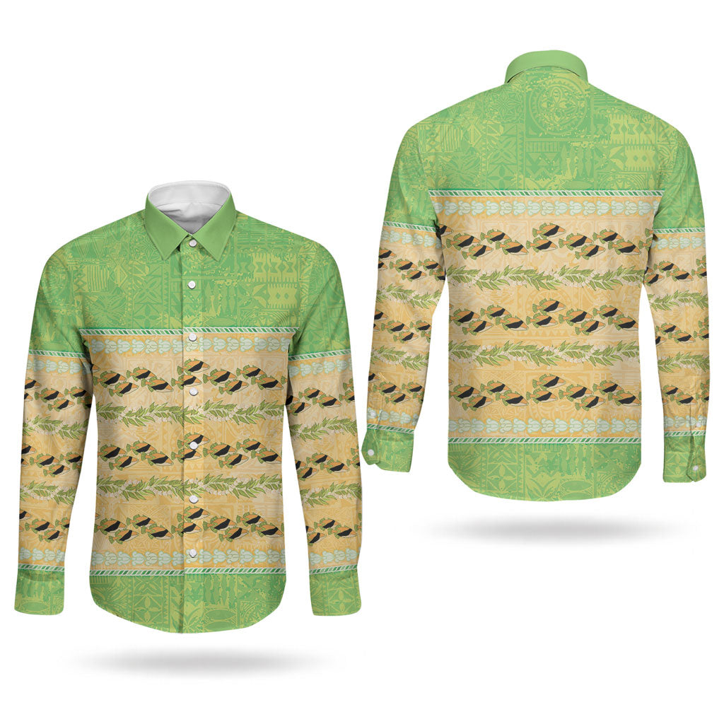 Hawaii Humuhumu Fish Maile Pikake Lei Couples Matching Summer Maxi Dress and Long Sleeve Button Shirt Tribal Tapa Green Version