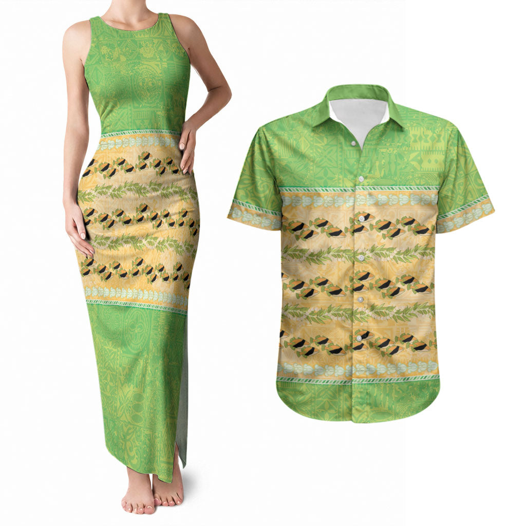 Hawaii Humuhumu Fish Maile Pikake Lei Couples Matching Tank Maxi Dress and Hawaiian Shirt Tribal Tapa Green Version LT05 Green - Polynesian Pride