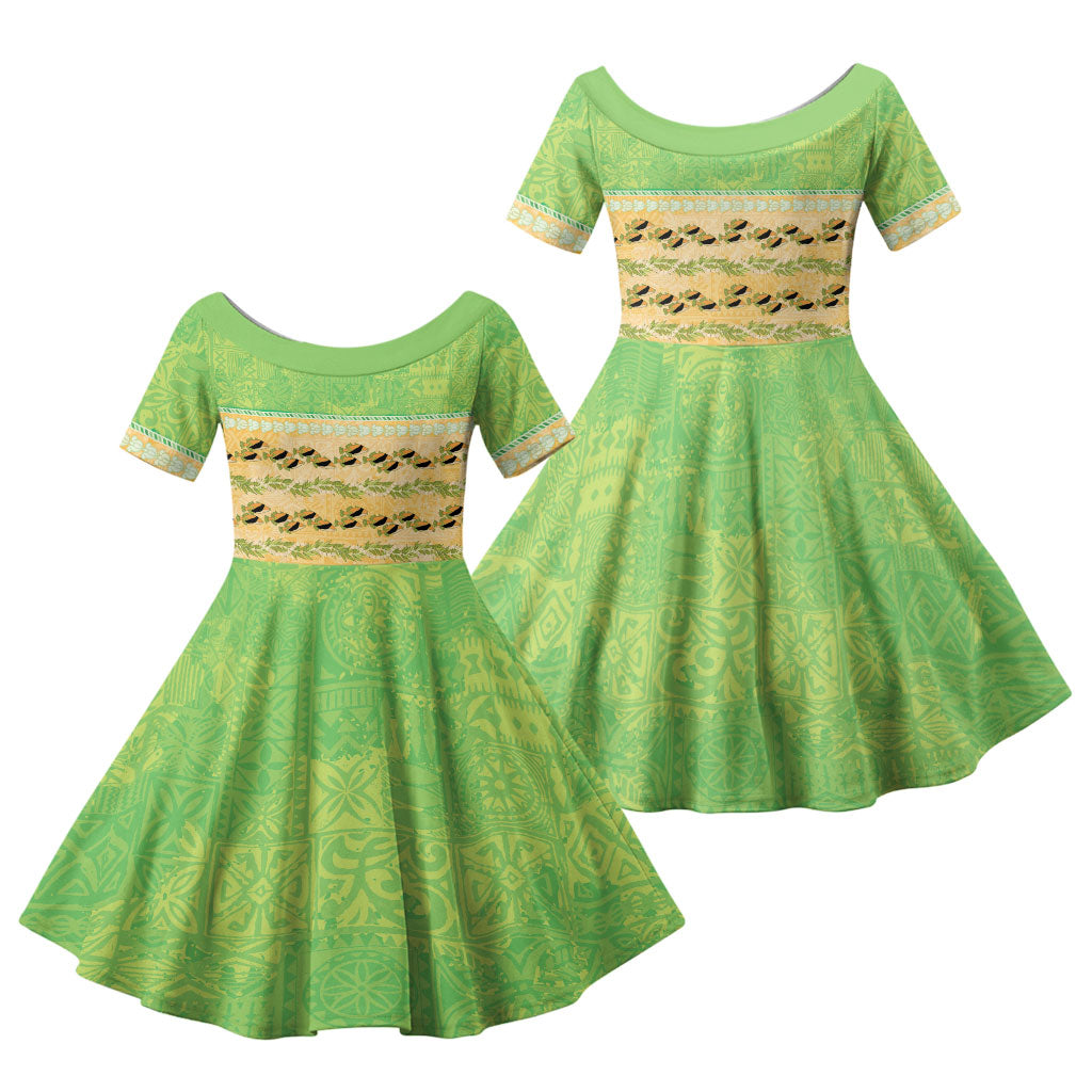 Hawaii Humuhumu Fish Maile Pikake Lei Family Matching Long Sleeve Bodycon Dress and Hawaiian Shirt Tribal Tapa Green Version