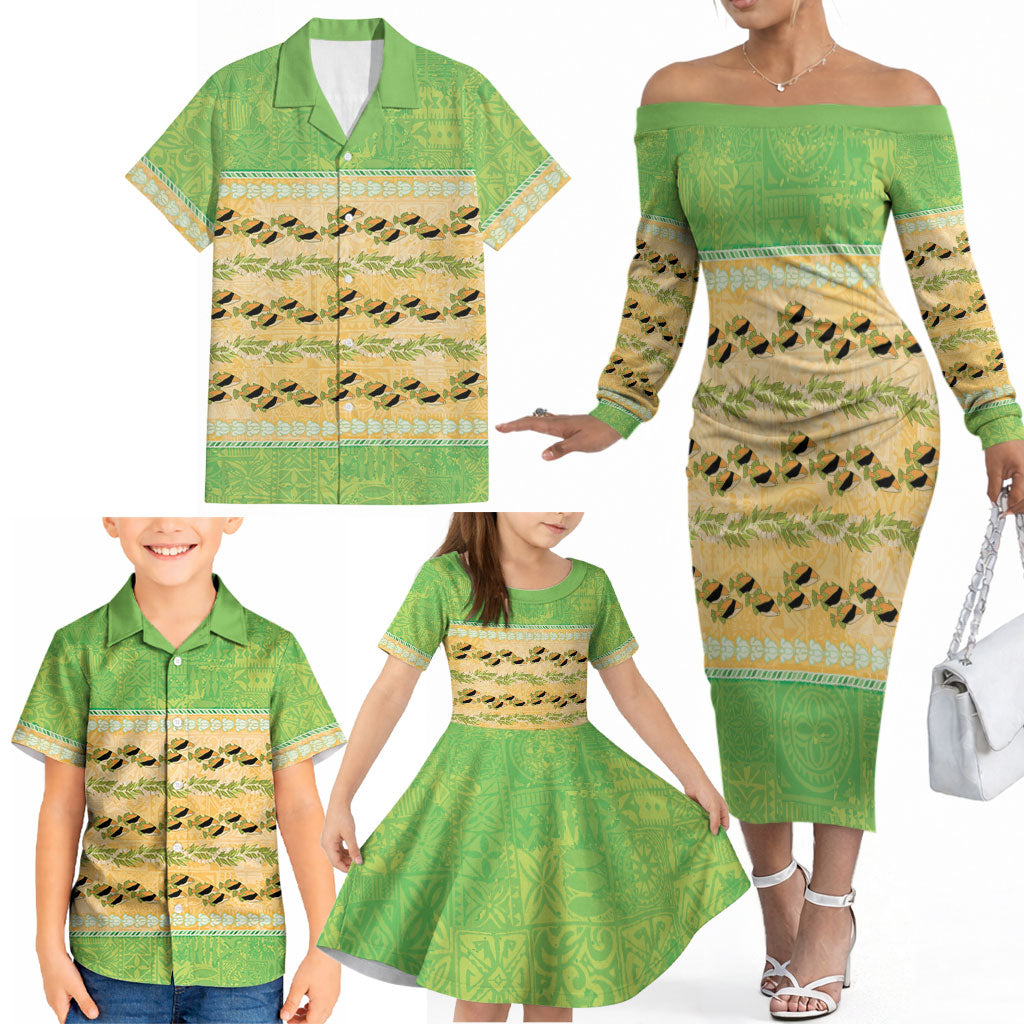 Hawaii Humuhumu Fish Maile Pikake Lei Family Matching Off The Shoulder Long Sleeve Dress and Hawaiian Shirt Tribal Tapa Green Version LT05 - Polynesian Pride