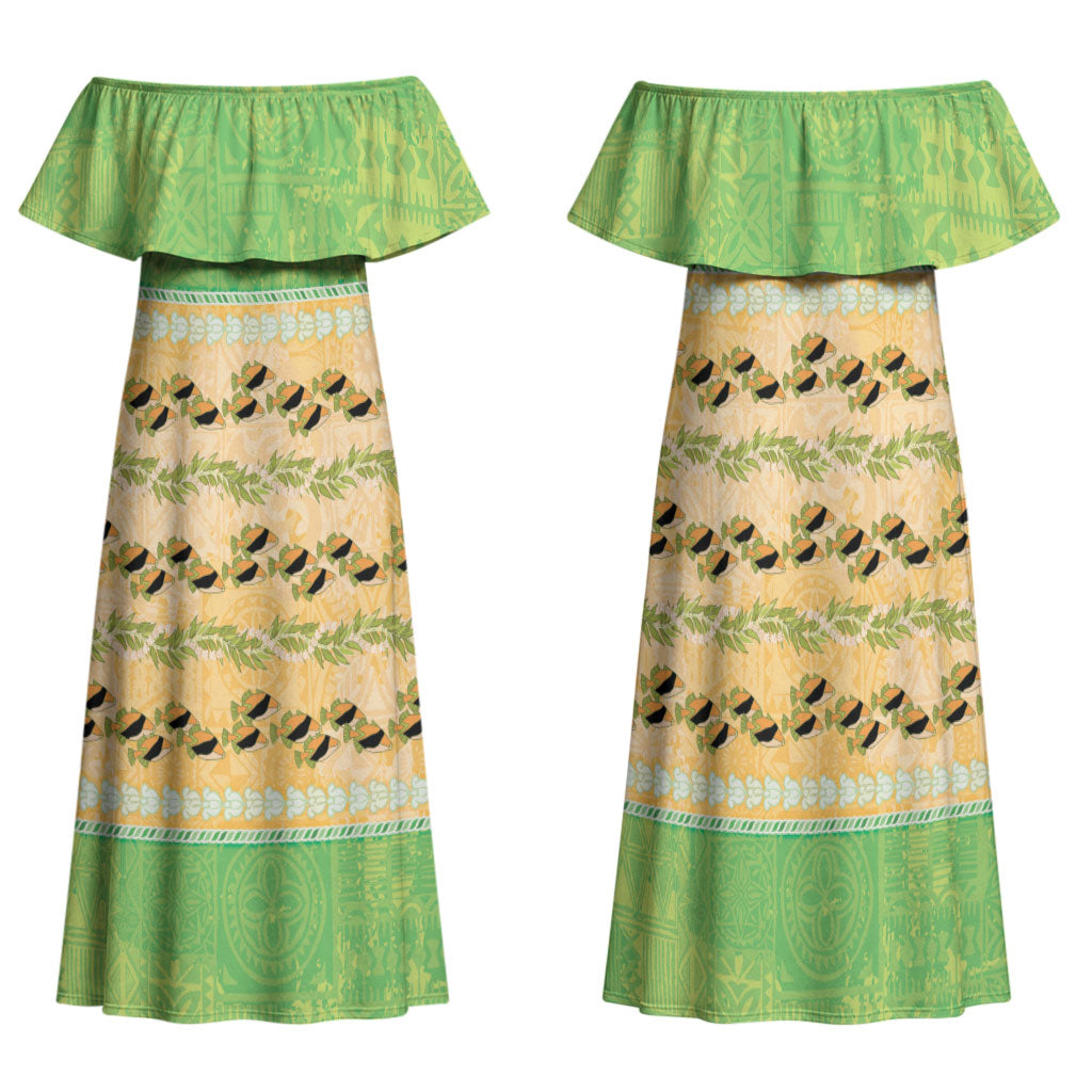 Hawaii Humuhumu Fish Maile Pikake Lei Family Matching Off Shoulder Maxi Dress and Hawaiian Shirt Tribal Tapa Green Version LT05 Mom's Dress Green - Polynesian Pride