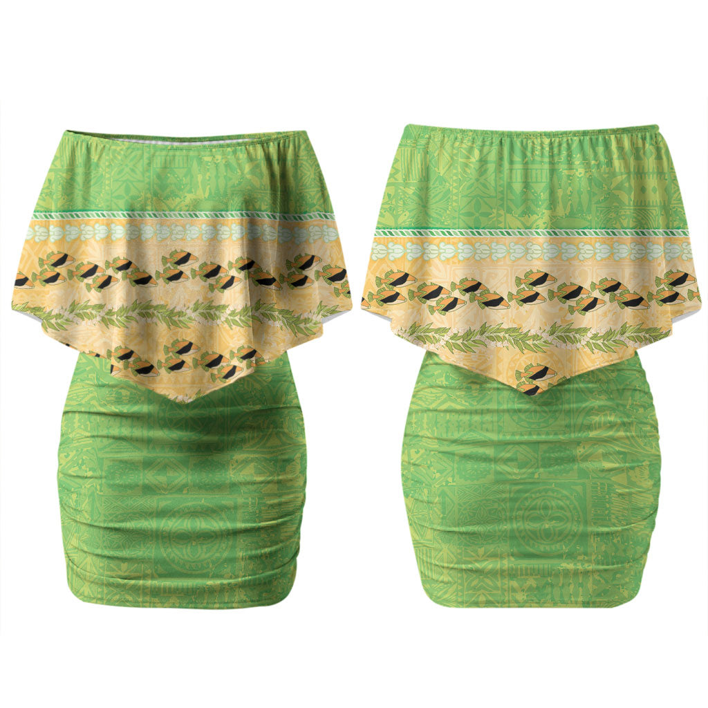 Hawaii Humuhumu Fish Maile Pikake Lei Family Matching Off Shoulder Short Dress and Hawaiian Shirt Tribal Tapa Green Version LT05 Mom's Dress Green - Polynesian Pride