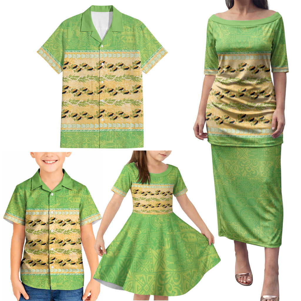 Hawaii Humuhumu Fish Maile Pikake Lei Family Matching Puletasi and Hawaiian Shirt Tribal Tapa Green Version LT05 - Polynesian Pride