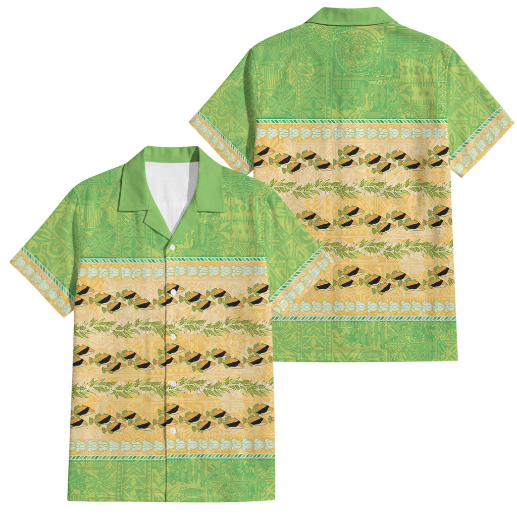 Hawaii Humuhumu Fish Maile Pikake Lei Family Matching Puletasi and Hawaiian Shirt Tribal Tapa Green Version LT05 Dad's Shirt - Short Sleeve Green - Polynesian Pride
