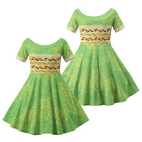 Hawaii Humuhumu Fish Maile Pikake Lei Family Matching Puletasi and Hawaiian Shirt Tribal Tapa Green Version LT05 Daughter's Dress Green - Polynesian Pride