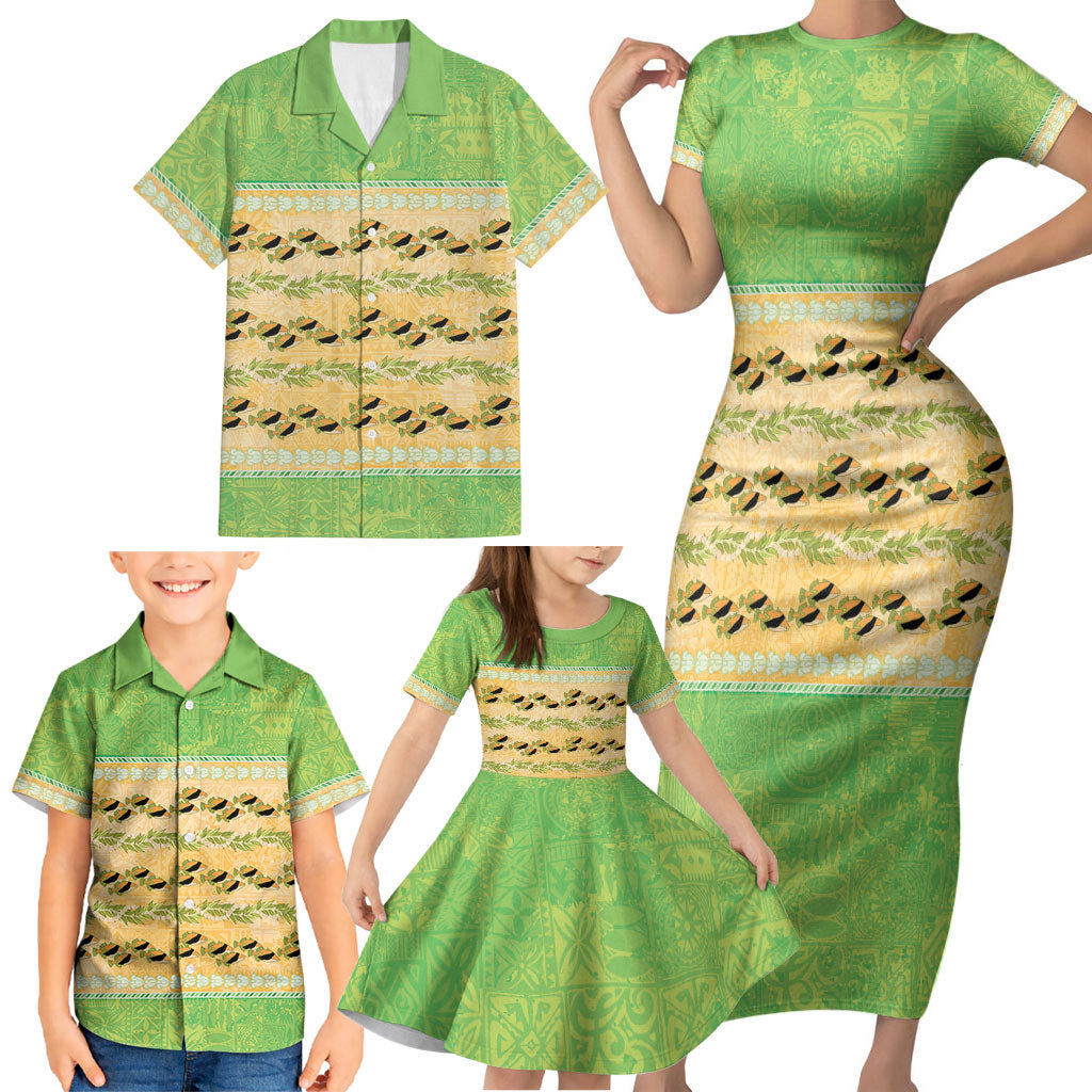 Hawaii Humuhumu Fish Maile Pikake Lei Family Matching Short Sleeve Bodycon Dress and Hawaiian Shirt Tribal Tapa Green Version LT05 - Polynesian Pride