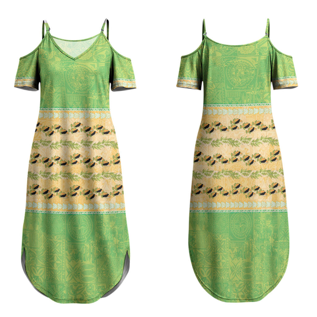 Hawaii Humuhumu Fish Maile Pikake Lei Family Matching Summer Maxi Dress and Hawaiian Shirt Tribal Tapa Green Version LT05 Mom's Dress Green - Polynesian Pride