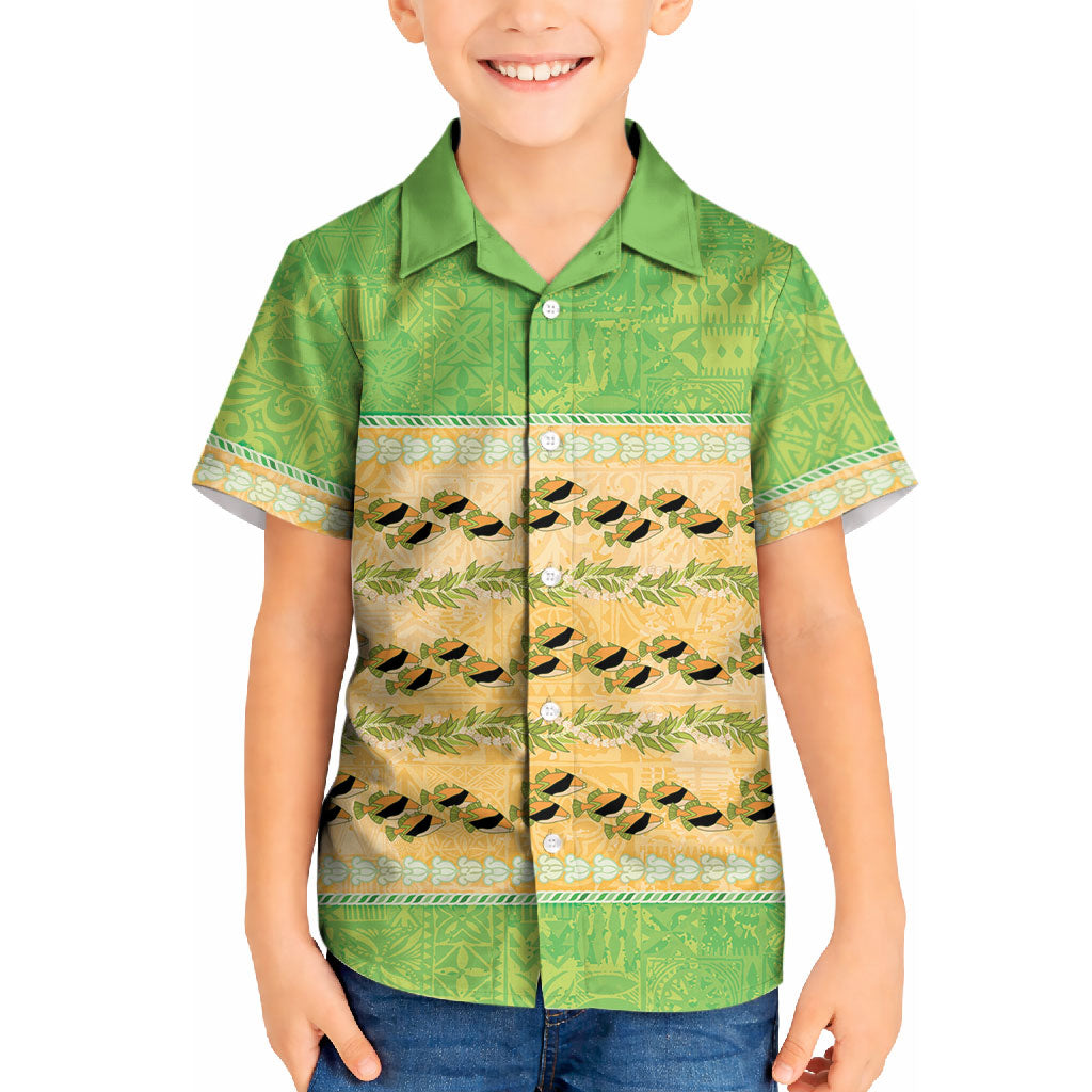 Hawaii Humuhumu Fish Maile Pikake Lei Kid Hawaiian Shirt Tribal Tapa Green Version LT05 Kid Green - Polynesian Pride