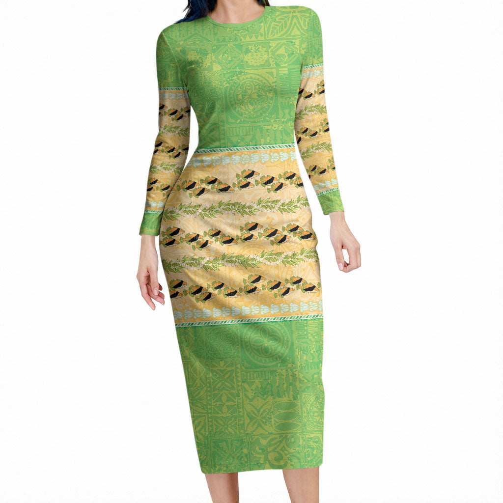 Hawaii Humuhumu Fish Maile Pikake Lei Long Sleeve Bodycon Dress Tribal Tapa Green Version