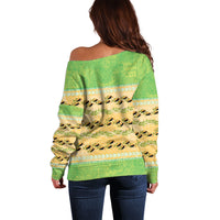 Hawaii Humuhumu Fish Maile Pikake Lei Off Shoulder Sweater Tribal Tapa Green Version LT05 - Polynesian Pride