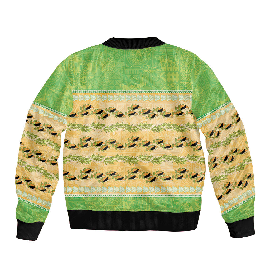 Hawaii Humuhumu Fish Maile Pikake Lei Sleeve Zip Bomber Jacket Tribal Tapa Green Version LT05 - Polynesian Pride