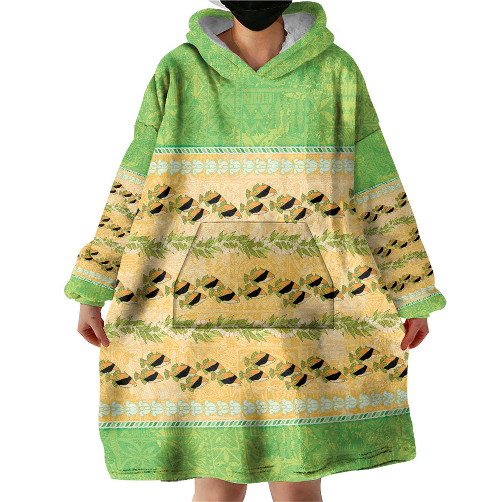 Hawaii Humuhumu Fish Maile Pikake Lei Wearable Blanket Hoodie Tribal Tapa Green Version