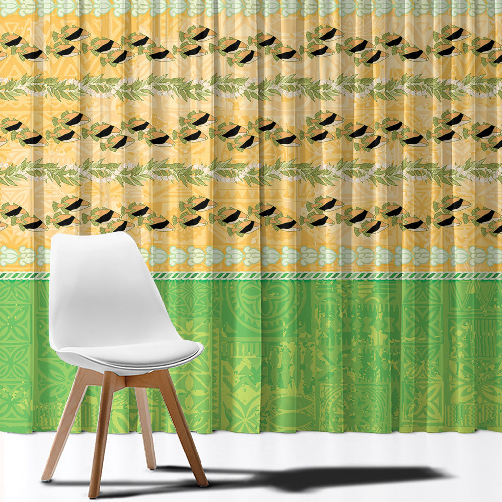 Hawaii Humuhumu Fish Maile Pikake Lei Window Curtain Tribal Tapa Green Version