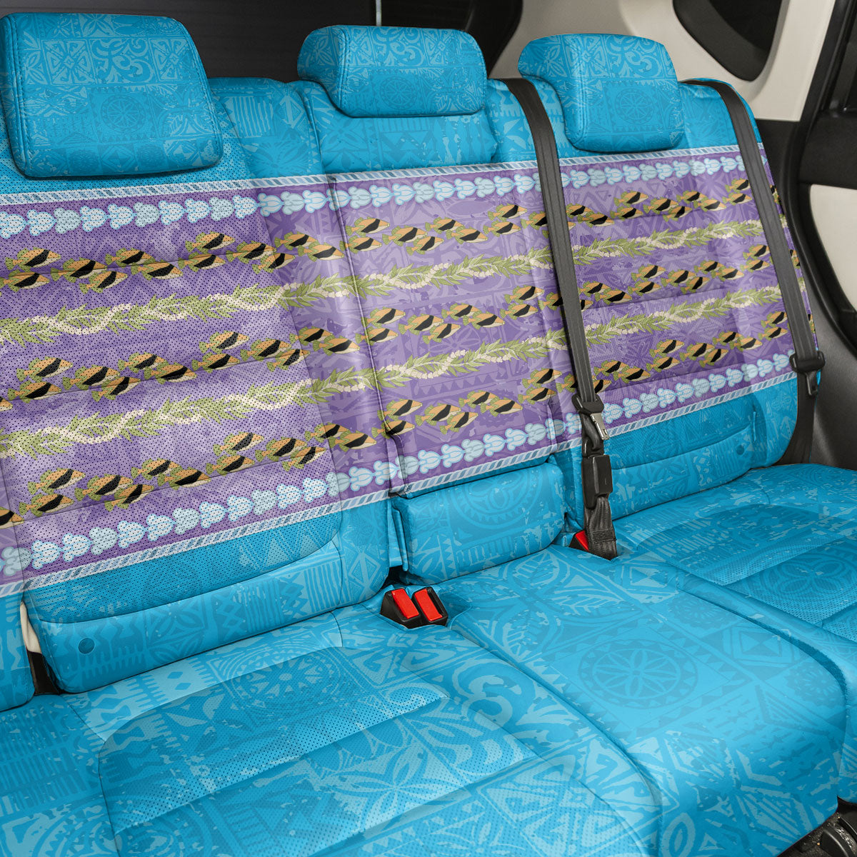 Hawaii Humuhumu Fish Maile Pikake Lei Back Car Seat Cover Tribal Tapa Blue Version