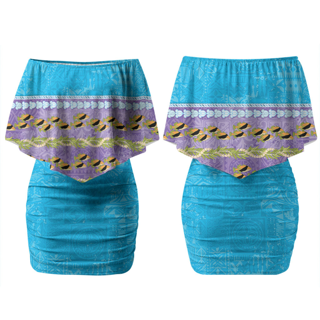 Hawaii Humuhumu Fish Maile Pikake Lei Couples Matching Off Shoulder Short Dress and Long Sleeve Button Shirt Tribal Tapa Blue Version