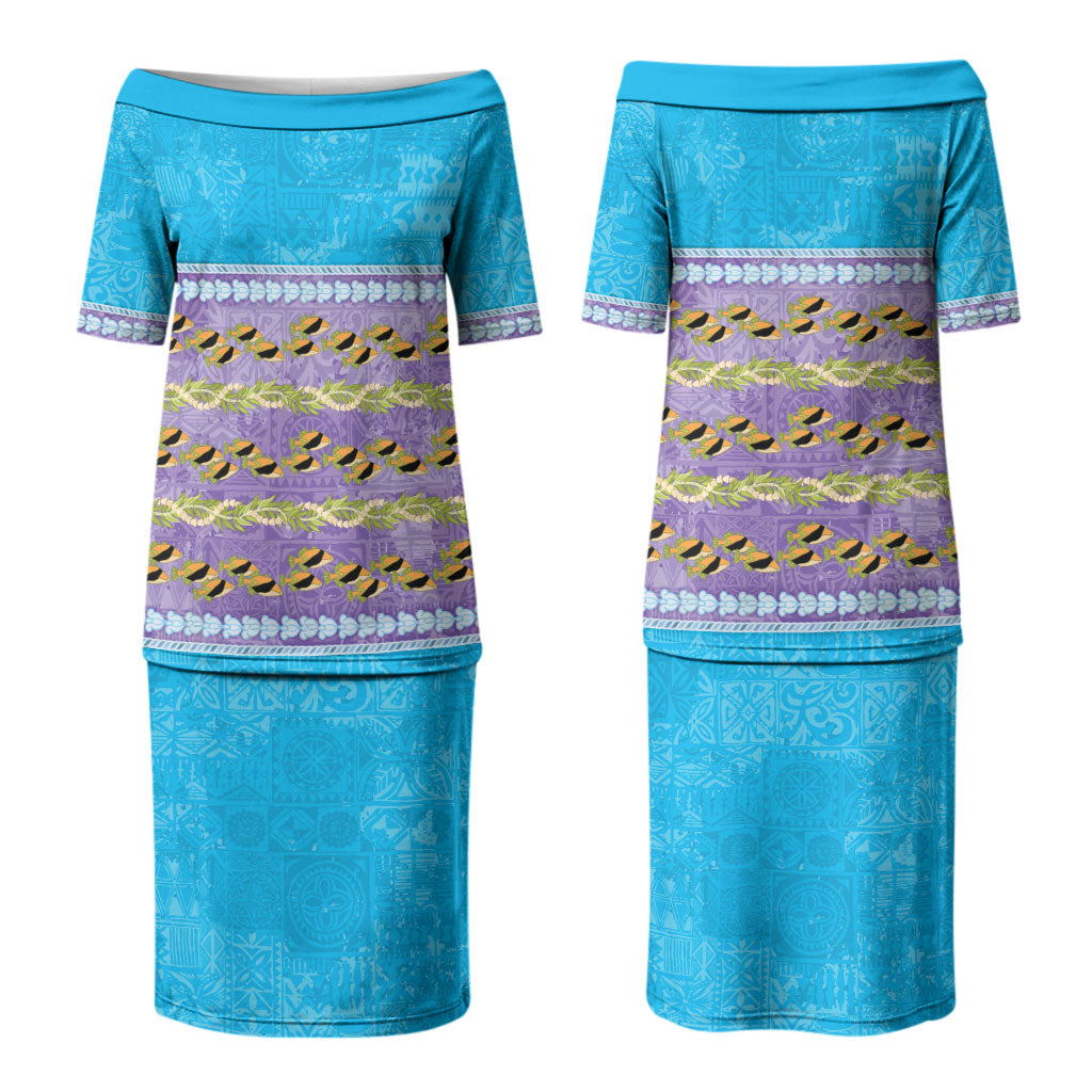 Hawaii Humuhumu Fish Maile Pikake Lei Couples Matching Puletasi and Hawaiian Shirt Tribal Tapa Blue Version
