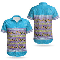 Hawaii Humuhumu Fish Maile Pikake Lei Couples Matching Short Sleeve Bodycon Dress and Hawaiian Shirt Tribal Tapa Blue Version