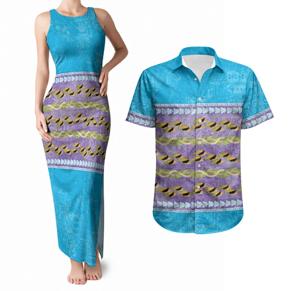 Hawaii Humuhumu Fish Maile Pikake Lei Couples Matching Tank Maxi Dress and Hawaiian Shirt Tribal Tapa Blue Version LT05 Blue - Polynesian Pride