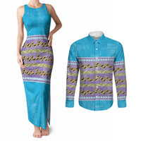 Hawaii Humuhumu Fish Maile Pikake Lei Couples Matching Tank Maxi Dress and Long Sleeve Button Shirt Tribal Tapa Blue Version