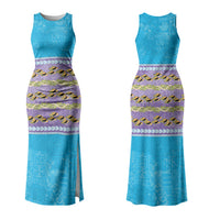 Hawaii Humuhumu Fish Maile Pikake Lei Couples Matching Tank Maxi Dress and Long Sleeve Button Shirt Tribal Tapa Blue Version