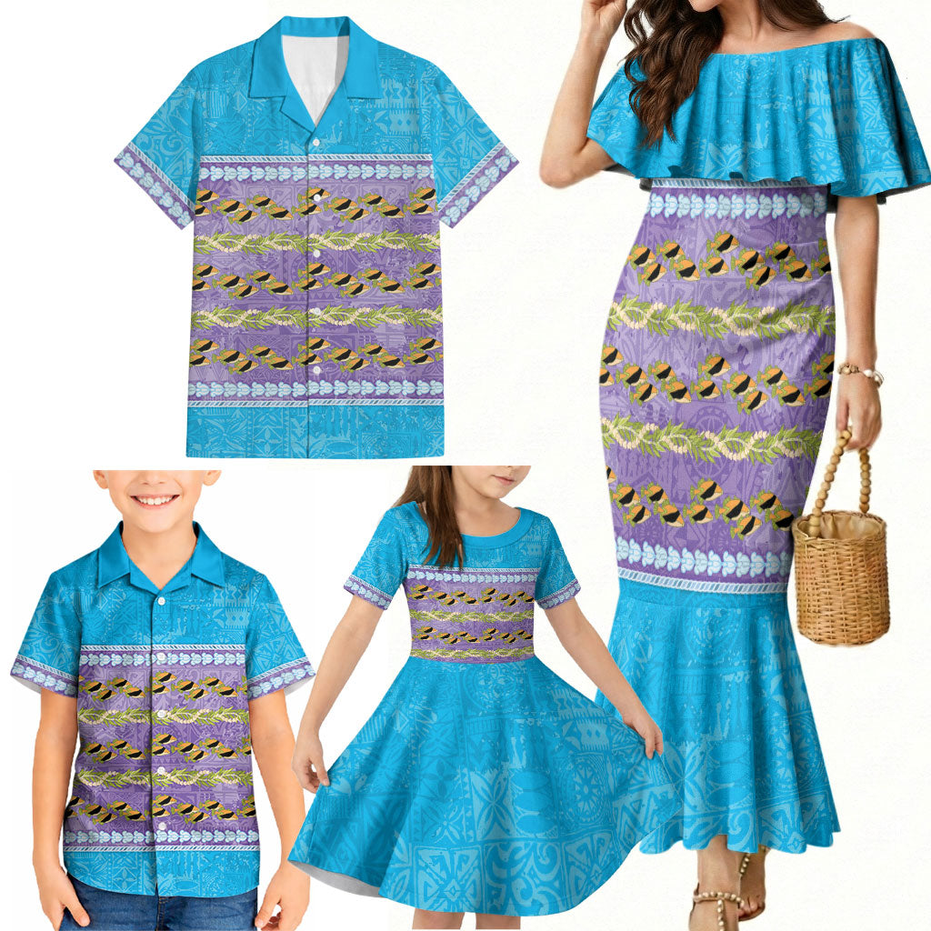 Hawaii Humuhumu Fish Maile Pikake Lei Family Matching Mermaid Dress and Hawaiian Shirt Tribal Tapa Blue Version LT05 - Polynesian Pride