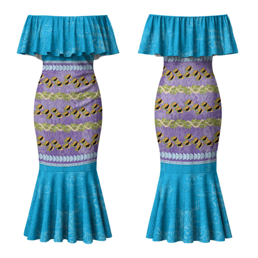 Hawaii Humuhumu Fish Maile Pikake Lei Family Matching Mermaid Dress and Hawaiian Shirt Tribal Tapa Blue Version LT05 Mom's Dress Blue - Polynesian Pride