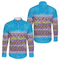 Hawaii Humuhumu Fish Maile Pikake Lei Family Matching Mermaid Dress and Hawaiian Shirt Tribal Tapa Blue Version LT05 Dad's Shirt - Long Sleeve Blue - Polynesian Pride
