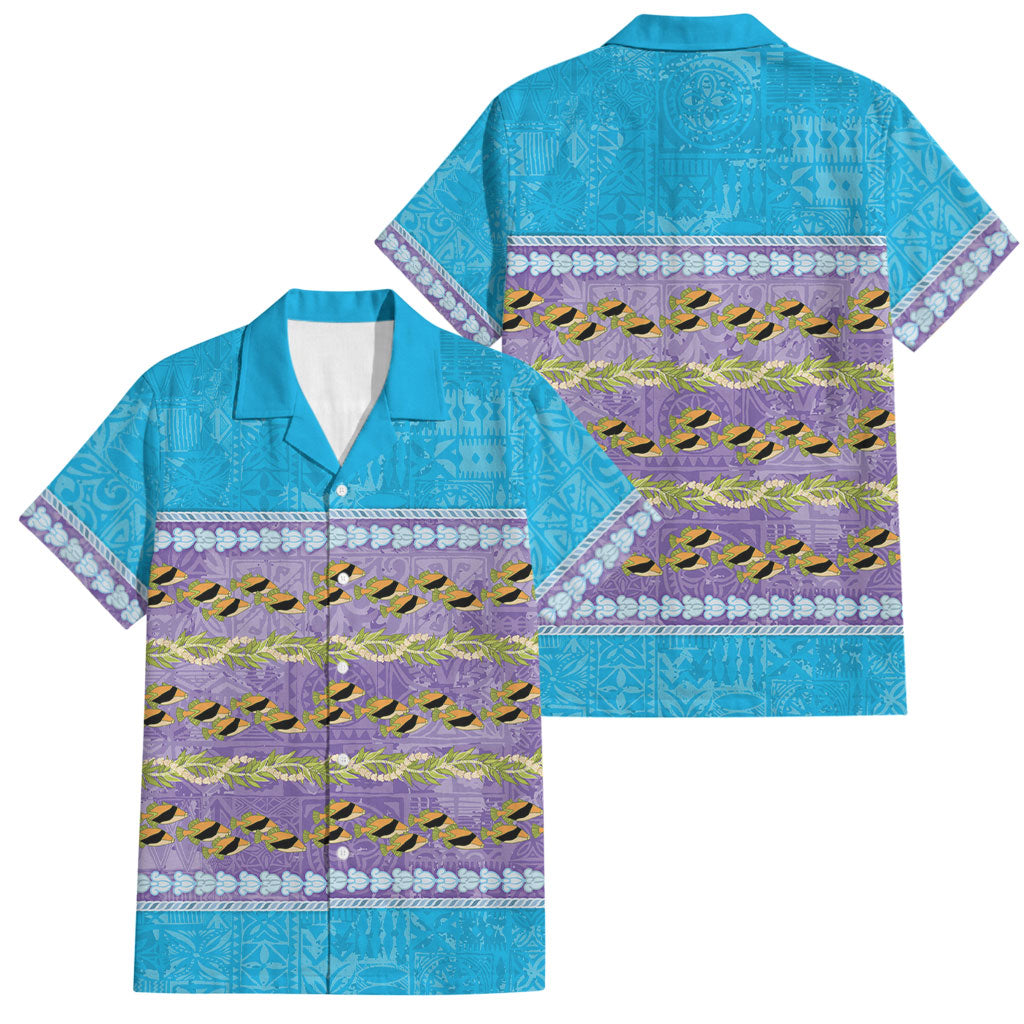 Hawaii Humuhumu Fish Maile Pikake Lei Family Matching Off Shoulder Maxi Dress and Hawaiian Shirt Tribal Tapa Blue Version