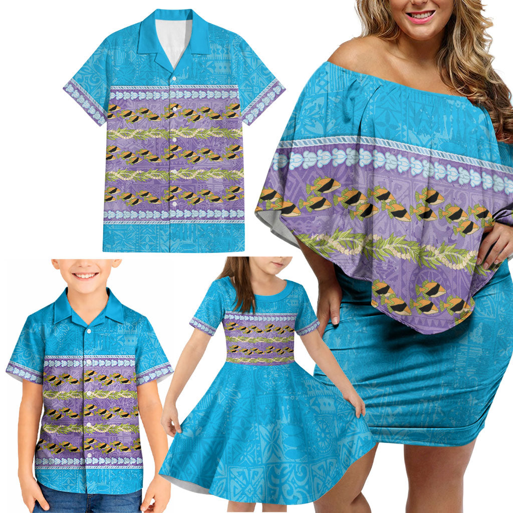 Hawaii Humuhumu Fish Maile Pikake Lei Family Matching Off Shoulder Short Dress and Hawaiian Shirt Tribal Tapa Blue Version LT05 - Polynesian Pride