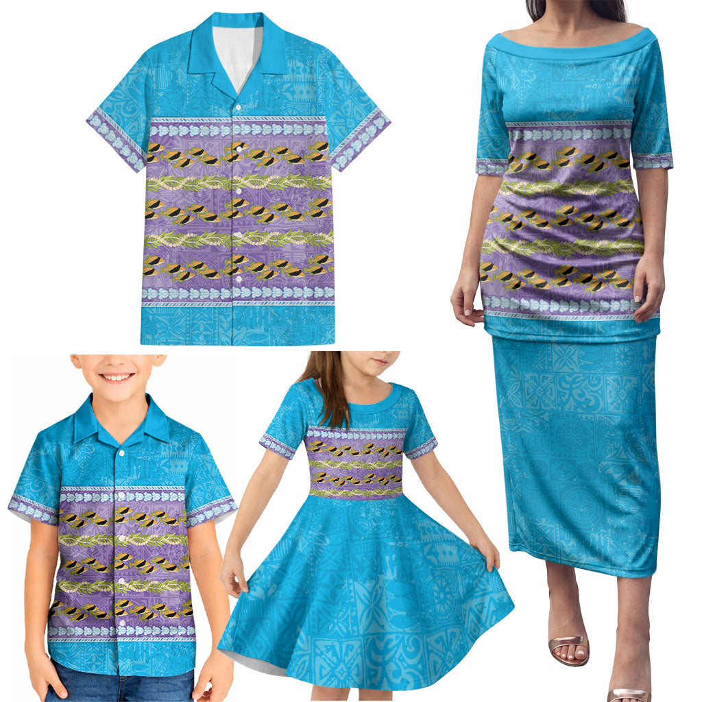 Hawaii Humuhumu Fish Maile Pikake Lei Family Matching Puletasi and Hawaiian Shirt Tribal Tapa Blue Version LT05 - Polynesian Pride