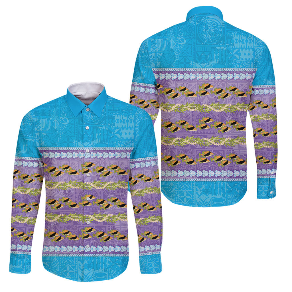 Hawaii Humuhumu Fish Maile Pikake Lei Family Matching Puletasi and Hawaiian Shirt Tribal Tapa Blue Version