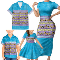 Hawaii Humuhumu Fish Maile Pikake Lei Family Matching Short Sleeve Bodycon Dress and Hawaiian Shirt Tribal Tapa Blue Version LT05 - Polynesian Pride