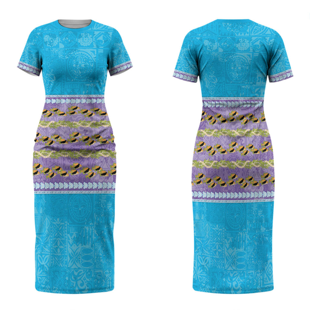 Hawaii Humuhumu Fish Maile Pikake Lei Family Matching Short Sleeve Bodycon Dress and Hawaiian Shirt Tribal Tapa Blue Version LT05 Mom's Dress Blue - Polynesian Pride