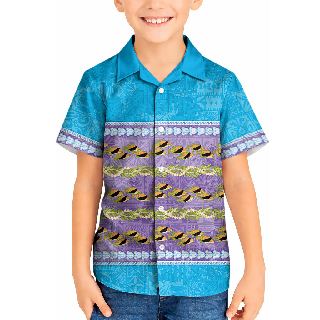Hawaii Humuhumu Fish Maile Pikake Lei Kid Hawaiian Shirt Tribal Tapa Blue Version LT05 Kid Blue - Polynesian Pride