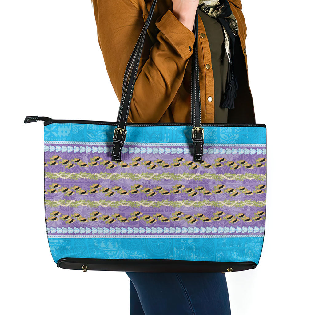 Hawaii Humuhumu Fish Maile Pikake Lei Leather Tote Bag Tribal Tapa Blue Version LT05 - Polynesian Pride