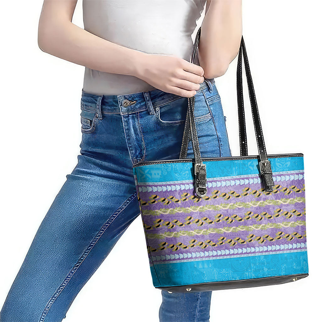 Hawaii Humuhumu Fish Maile Pikake Lei Leather Tote Bag Tribal Tapa Blue Version LT05 - Polynesian Pride