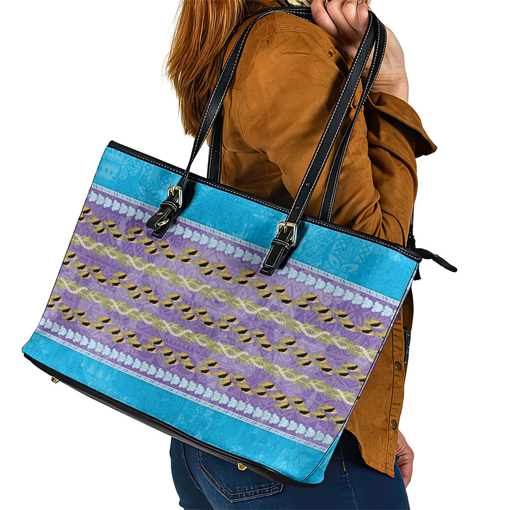 Hawaii Humuhumu Fish Maile Pikake Lei Leather Tote Bag Tribal Tapa Blue Version LT05 - Polynesian Pride