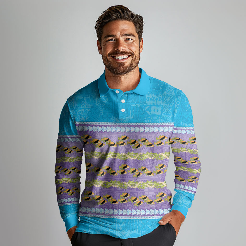 Hawaii Humuhumu Fish Maile Pikake Lei Long Sleeve Polo Shirt Tribal Tapa Blue Version