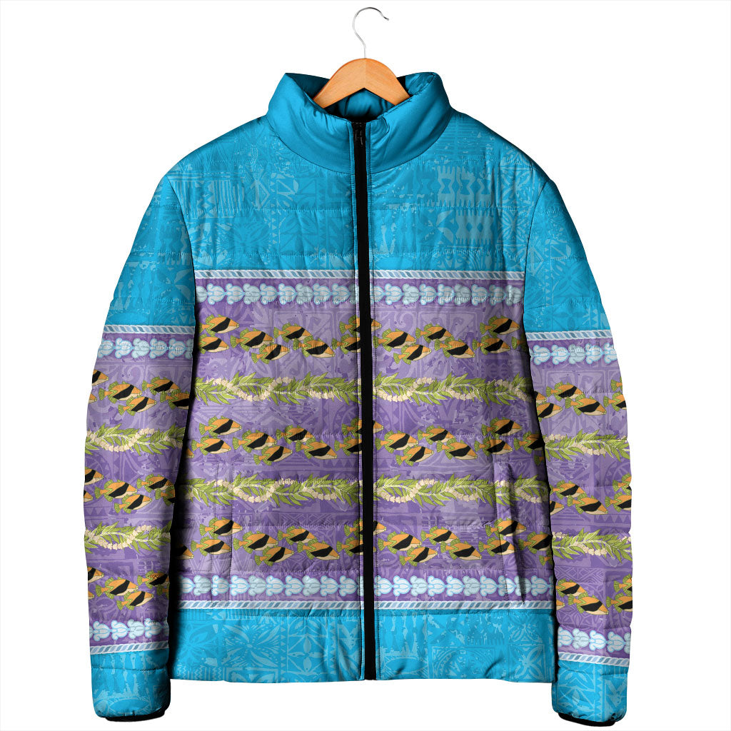 Hawaii Humuhumu Fish Maile Pikake Lei Padded Jacket Tribal Tapa Blue Version